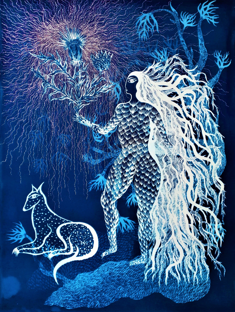 La Déesse aux Chardons Ardents, 2021, Cyanotype rehaussé à l’or et argent sur papier Arches 600g, 56x76 cm © Ayda-Su NUROGLU.jpg