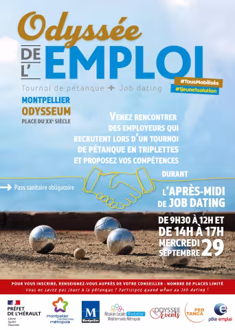 L'Odyssée de l'emploi : tournoi de pétanque et job dating, mercredi 29 septembre 2021 de 9h30 à 12h et de 14h à 17h